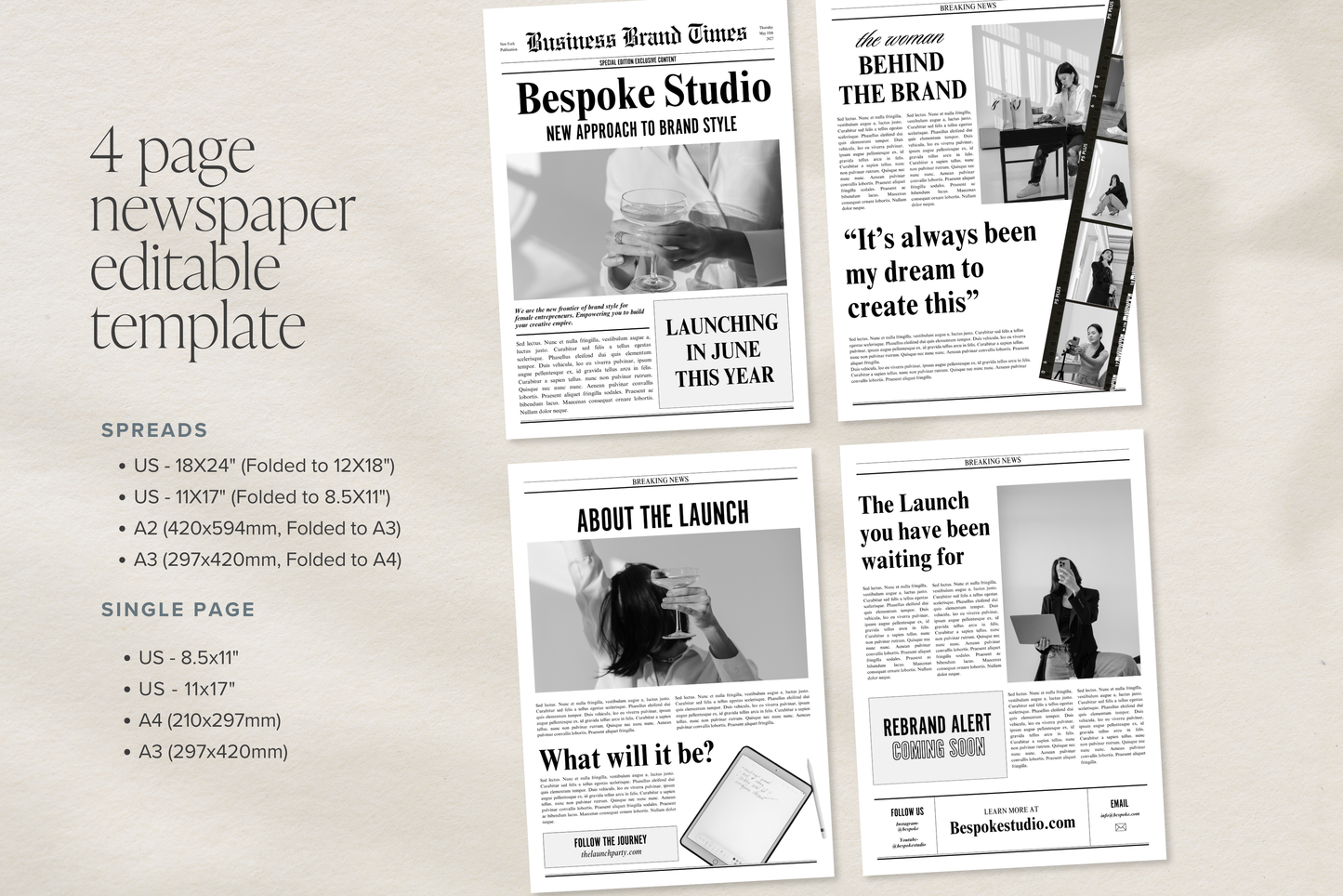 Canva Business Brand Newspaper Template, Editable Newspaper Announcement, Custom Newspaper For Branding Photoshoot | Digital Download