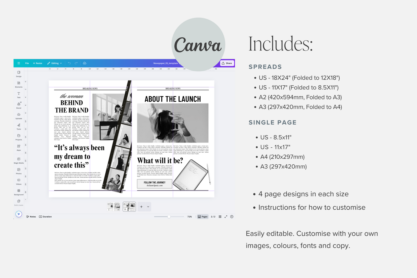 Canva Business Brand Newspaper Template, Editable Newspaper Announcement, Custom Newspaper For Branding Photoshoot | Digital Download