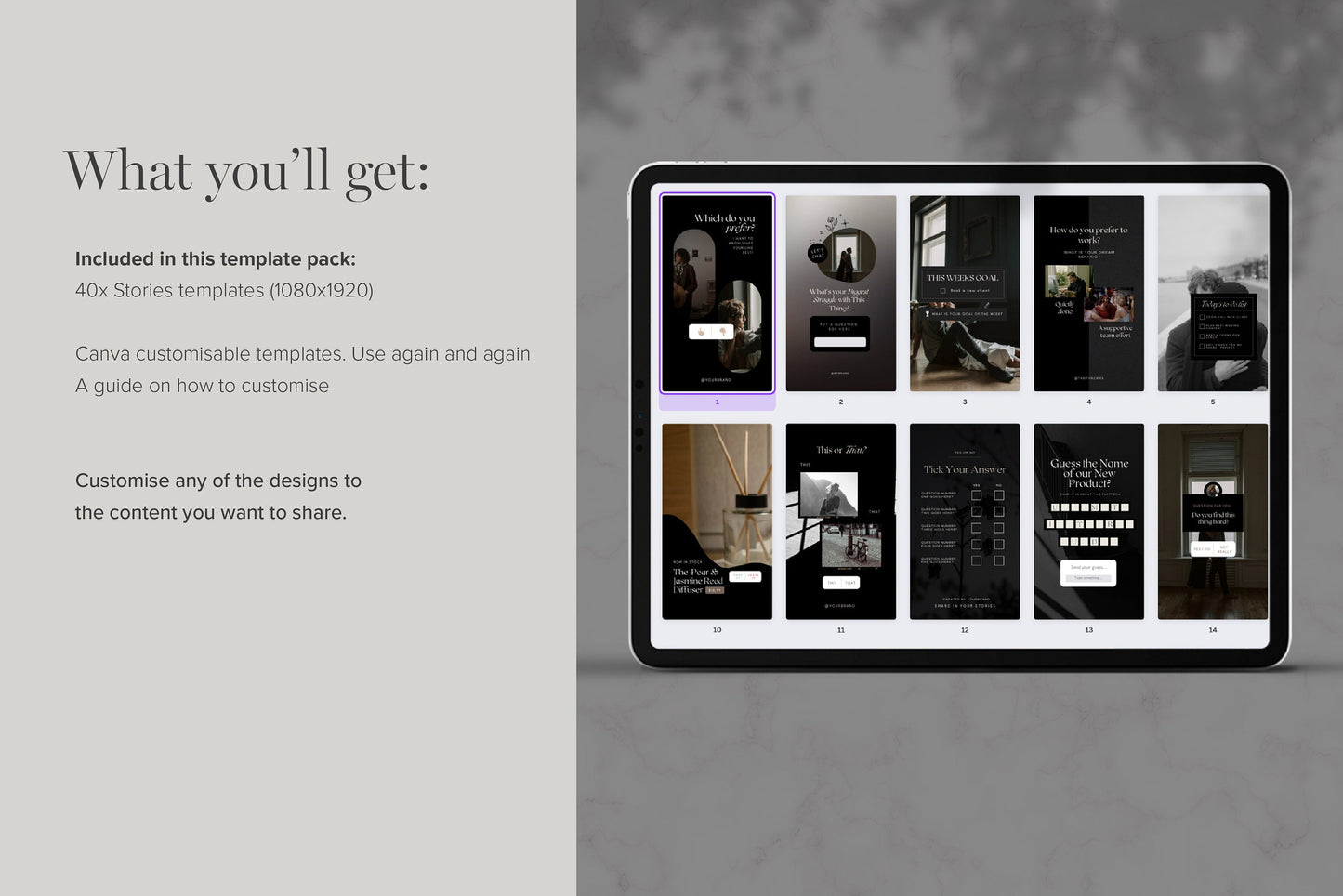 Instagram Stories Dark Mode Luxury Engagement Boost Canva Templates 40 Graphics (Digital Download)