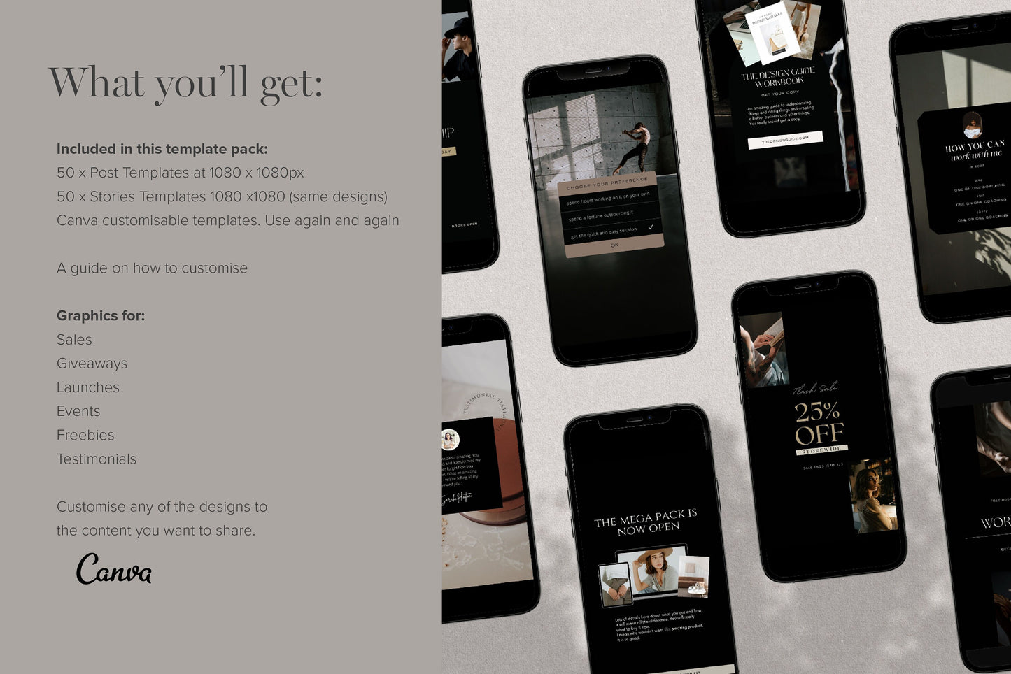 Dark Mode Instagram Promotional Canva Templates 100 Luxury Feed and Stories Graphics (Digital Download)