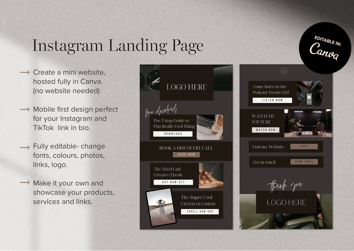 Instagram Link In Bio Template Canva Website DARK MODE (Digital Download)