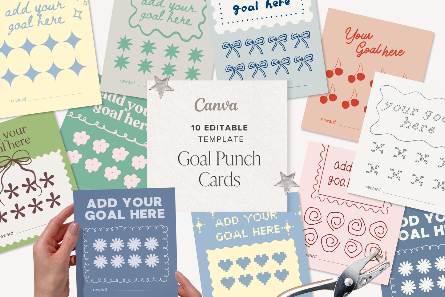 Customizable Goal Habit Tracking Punch Cards Printable | 10 Canva Editable Punch Cards to Gamify Goals | Digital Download