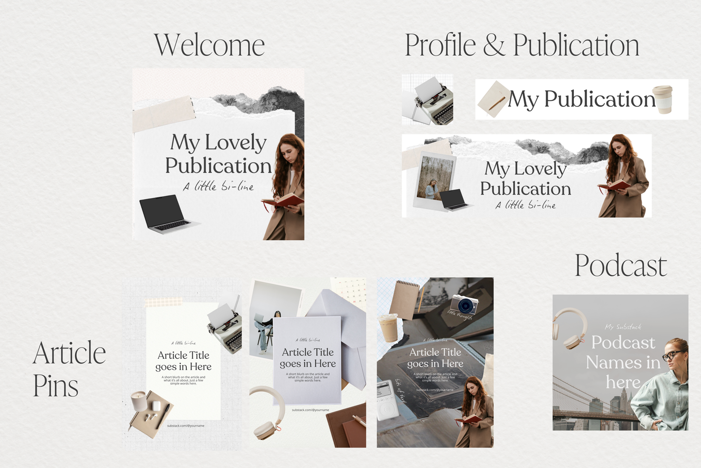 Substack Branding Kit Canva Templates - Scrapbook Style Newsletter Graphics Bundle and Branding Guide (Digital Download)