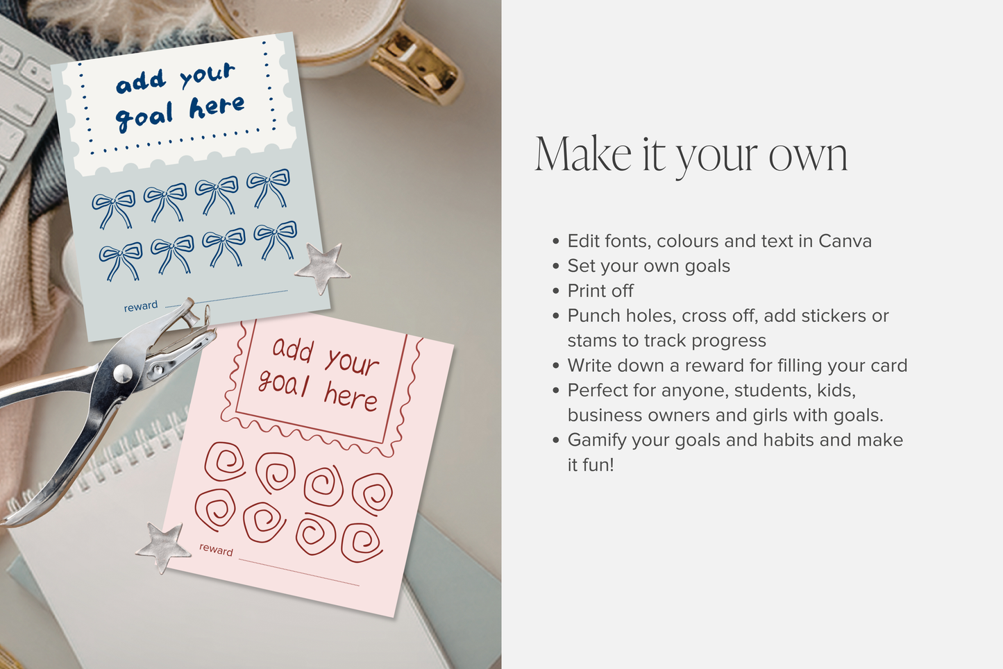 Customizable Goal Habit Tracking Punch Cards Printable | 10 Canva Editable Punch Cards to Gamify Goals | Digital Download