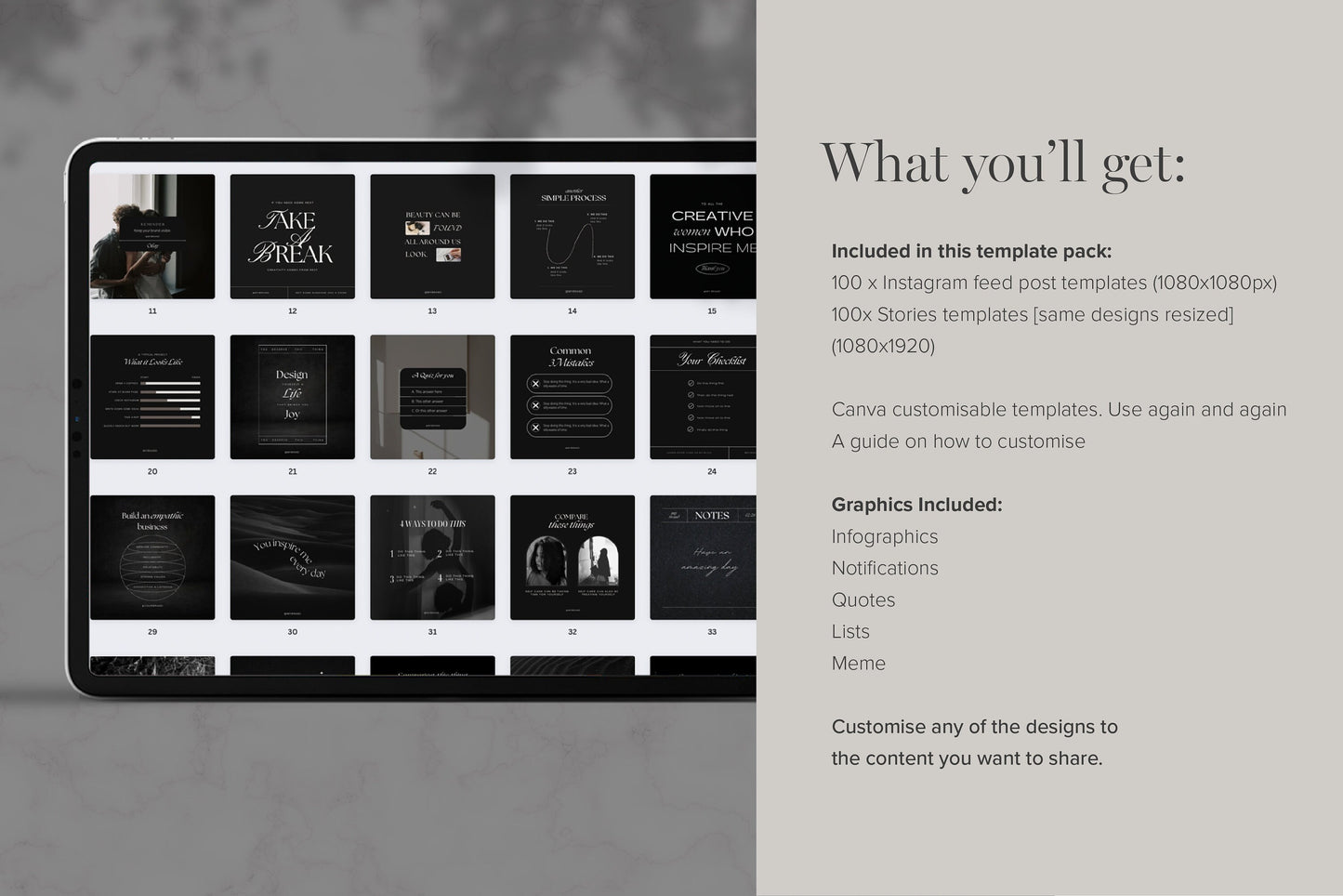 Instagram Shareable Canva Templates 200 Dark Black Luxury Feed and Stories Graphics (Digital Download)