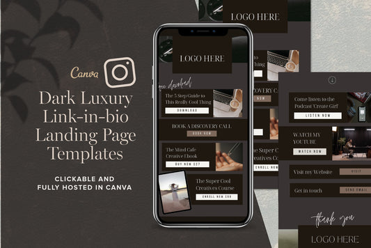 dark luxury link in bio landing page template canva website